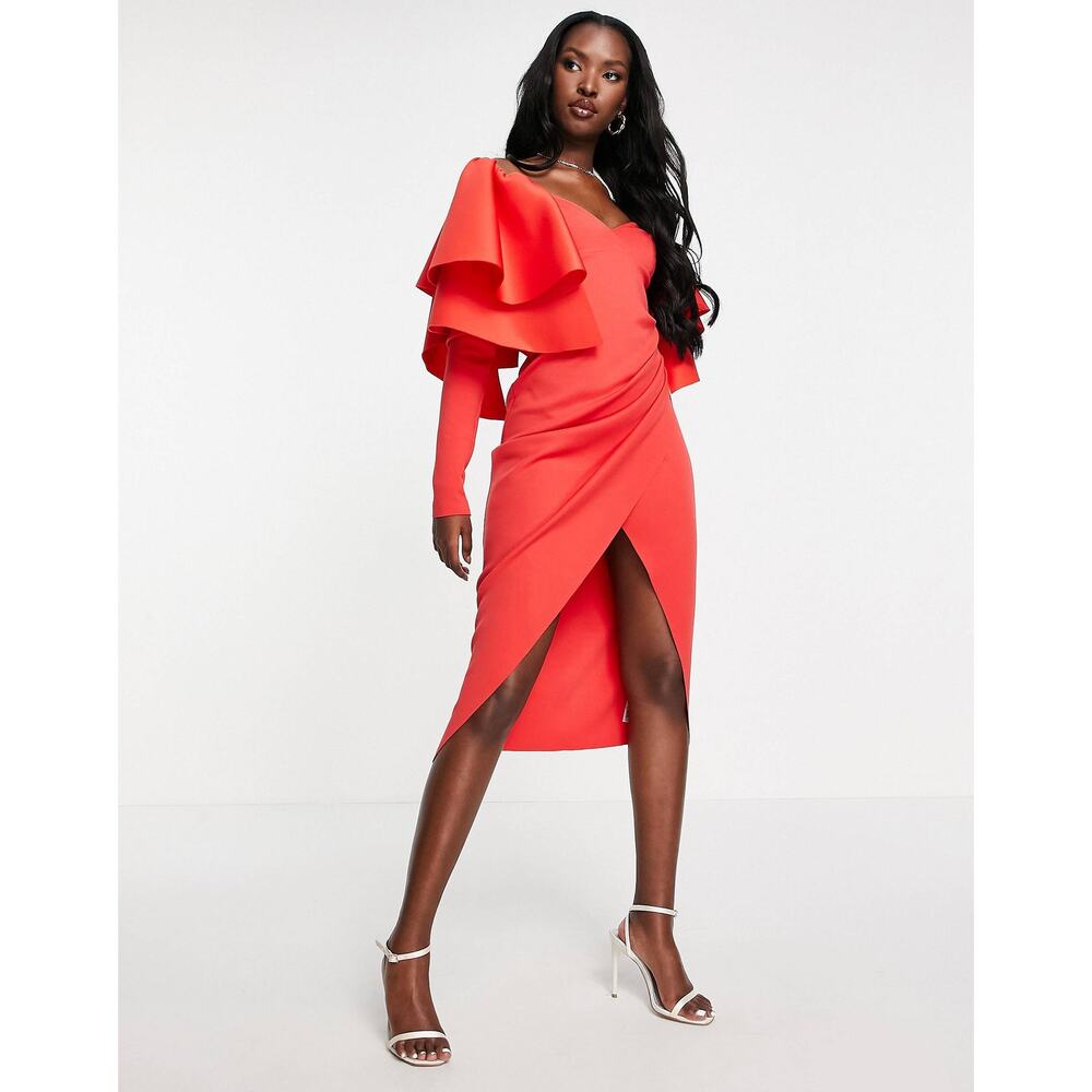 ASOS Design Womens Extreme Ruffle Shoulder Midi Dress Hot Red 2 Maximalist Bold